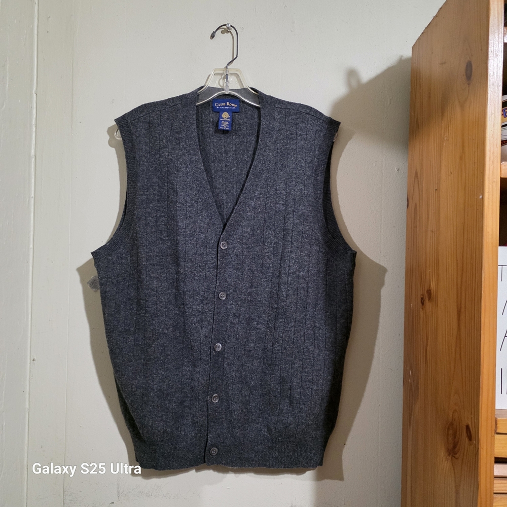 Club Room Dark Gray Men's Vest 100% Lambswool Gray Button Front Size M